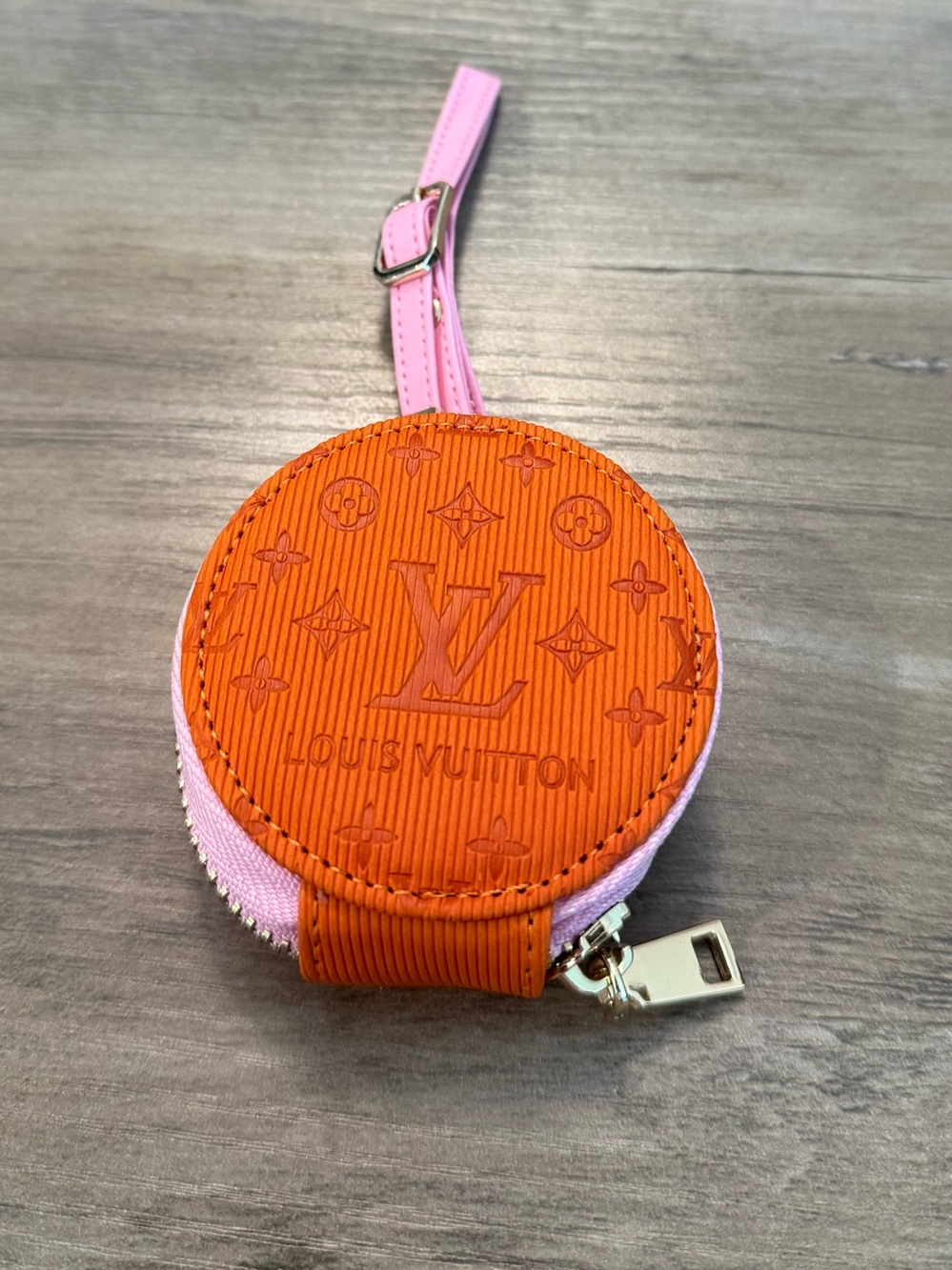 Source Unknown Orange and Pink Round Monogram Earbuds Case with Strap